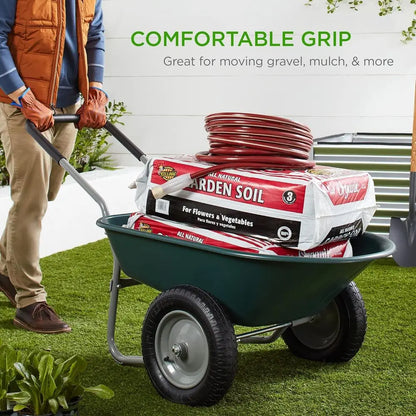 Green Dual-Wheel Yard Wheelbarrow