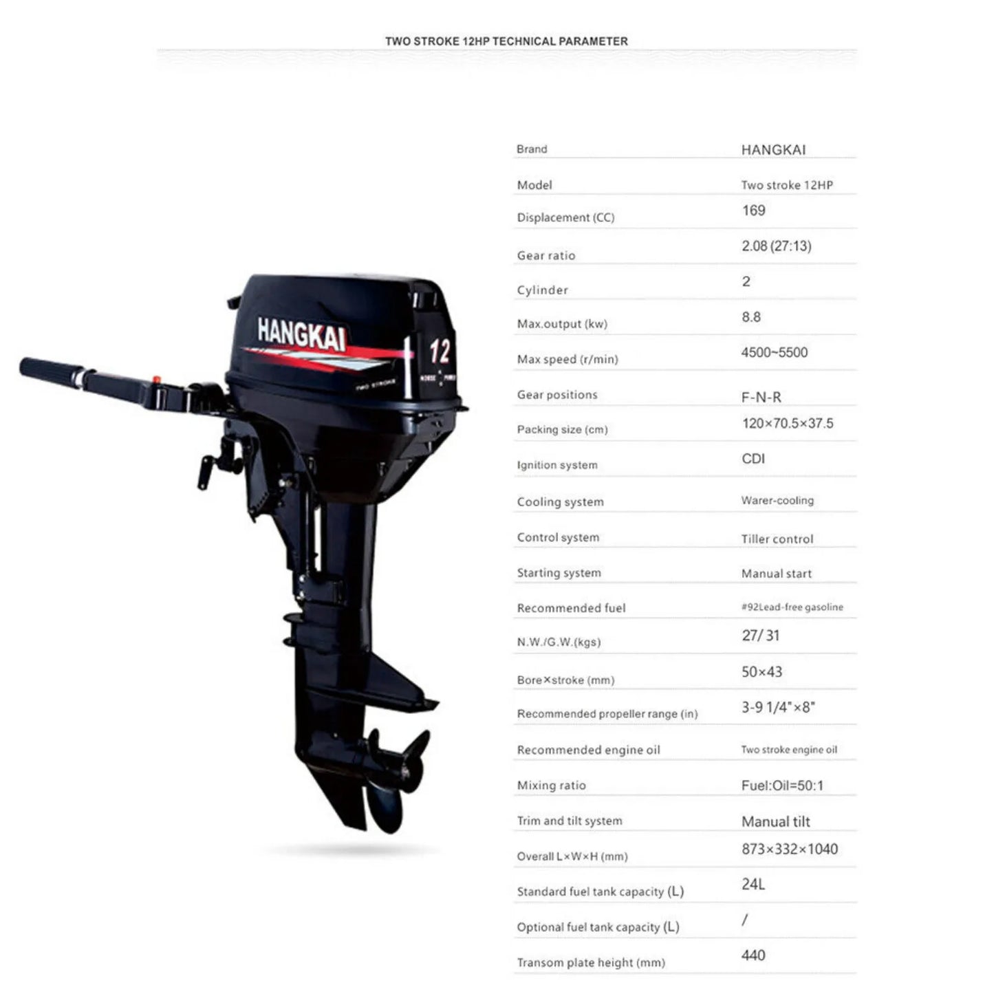 2-Stroke 12HP Outboard Motor for Fishing Boats