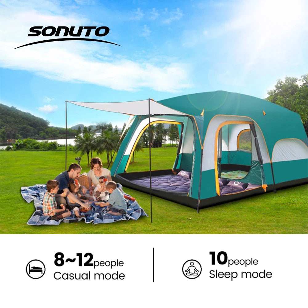 Large Family Tent 8-12 Person 
 Windproof with Sun Protection Mosquito Net,