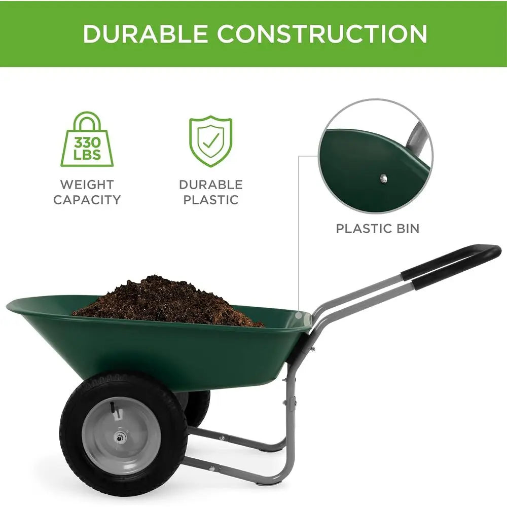 Green Dual-Wheel Yard Wheelbarrow
