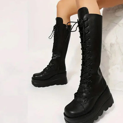 Black Gothic 
 Toe Side Zipper Lace Up Women's Mid-Calf Boots


 Woman