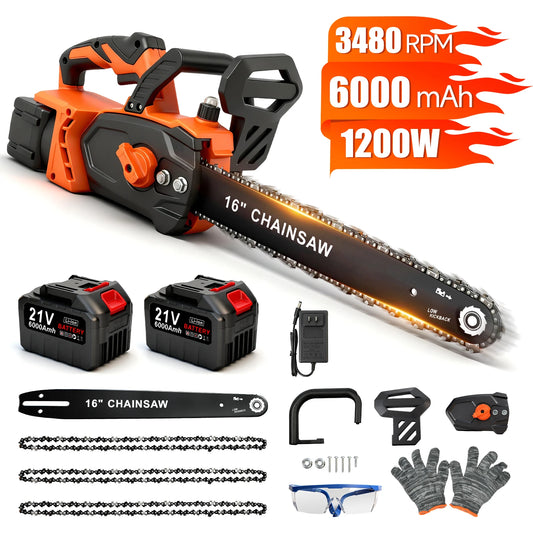 16-Inch 21V Brushless Chainsaw High-Speed 1200W 3480 RPM with 2 x 6.0Ah Batteries