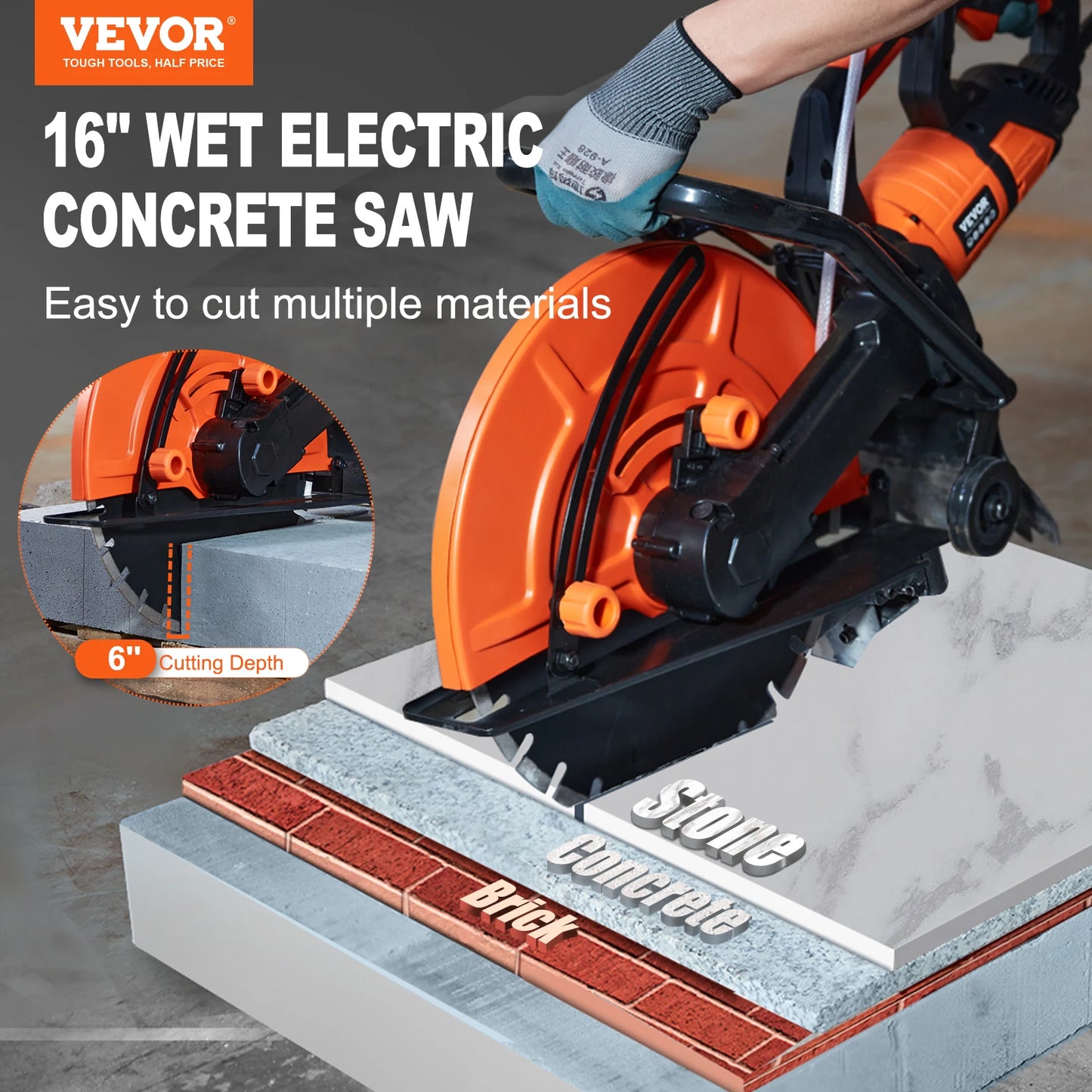 Electric Concrete Saw 15A Motor Adjustable Cutting Depth with Wet Disk Saw