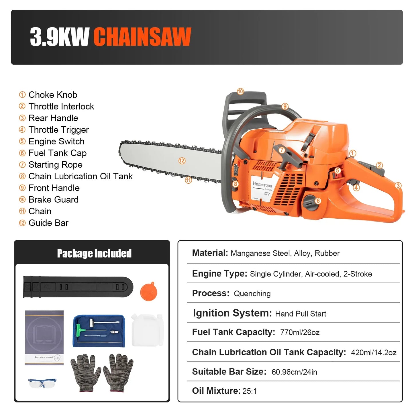 72CC 24" 2 Stroke Handheld Cordless Chain Saw, Gas Powered Chainsaw,