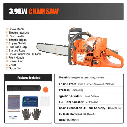 72CC 24" 2 Stroke Handheld Cordless Chain Saw, Gas Powered Chainsaw,