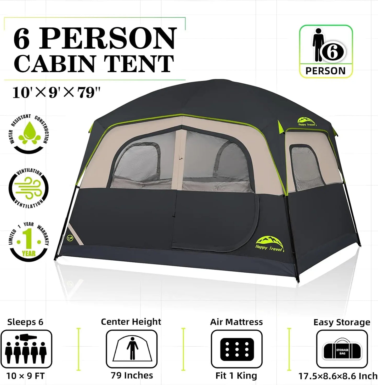 6-Person Waterproof Tent With Rainfly, Family Cabin 





 with Rainfly, Easy Setup Family Cabin Tent for Outdoor Adventures