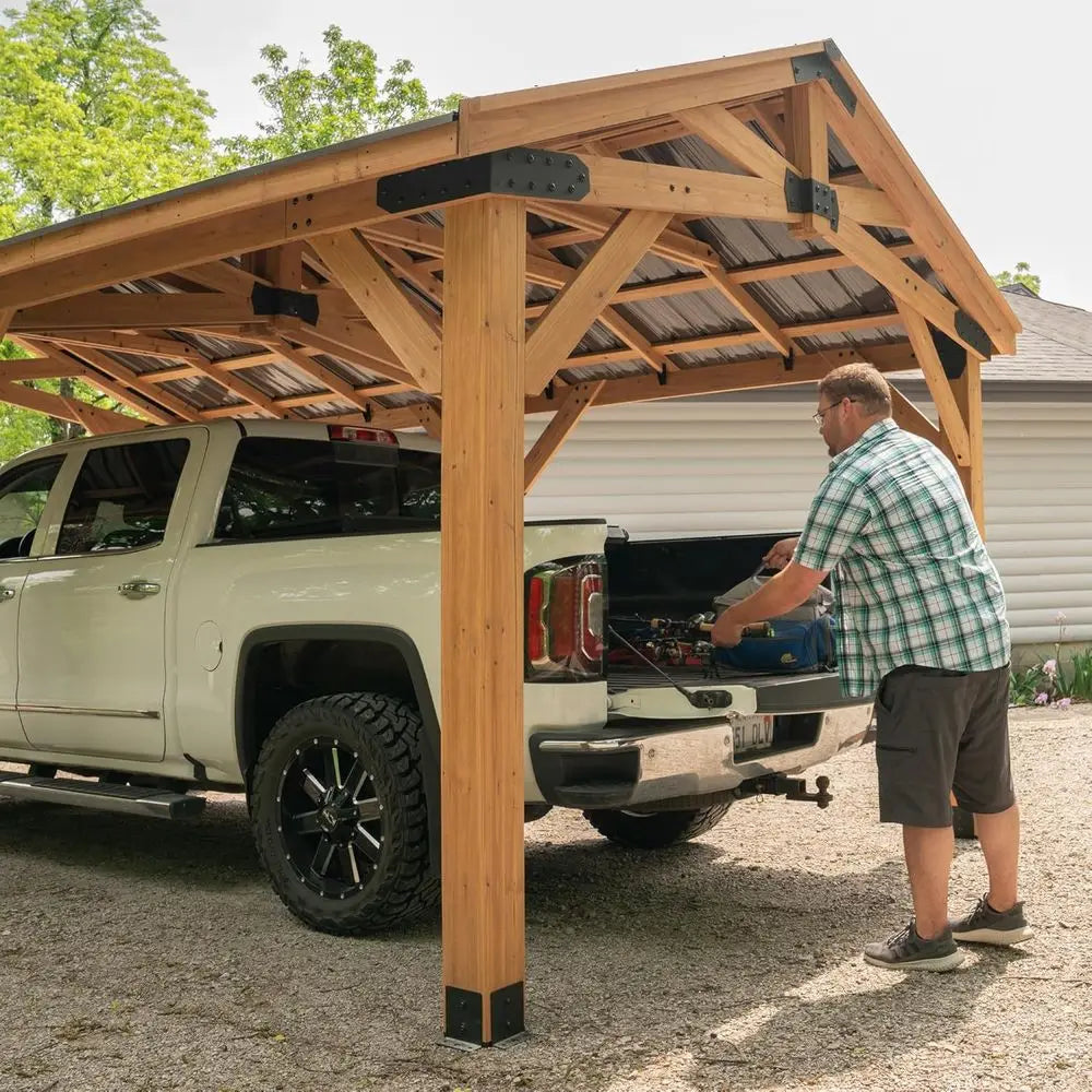 20ft x 12ft Cedar Wood Carport Pavilion with Steel Roof