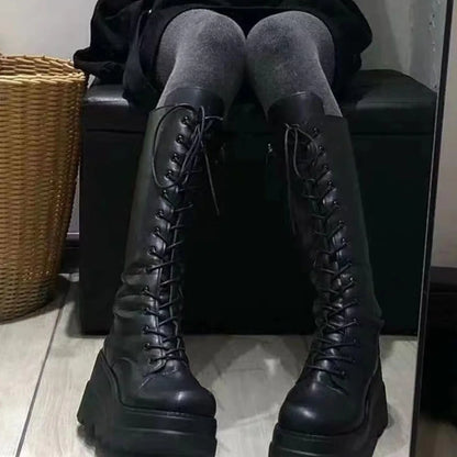 Black Gothic 
 Toe Side Zipper Lace Up Women's Mid-Calf Boots


 Woman