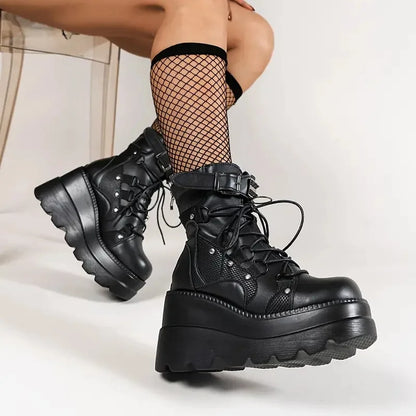 Women's Goth Wedge Combat Boots Lace Up Zipper