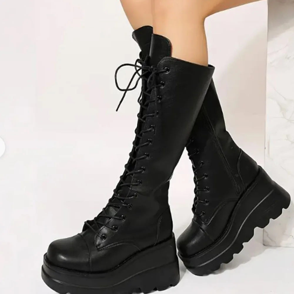 Black Gothic 
 Toe Side Zipper Lace Up Women's Mid-Calf Boots


 Woman