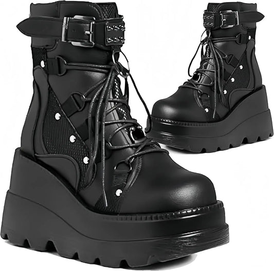 Women's Goth Wedge Combat Boots Lace Up Zipper