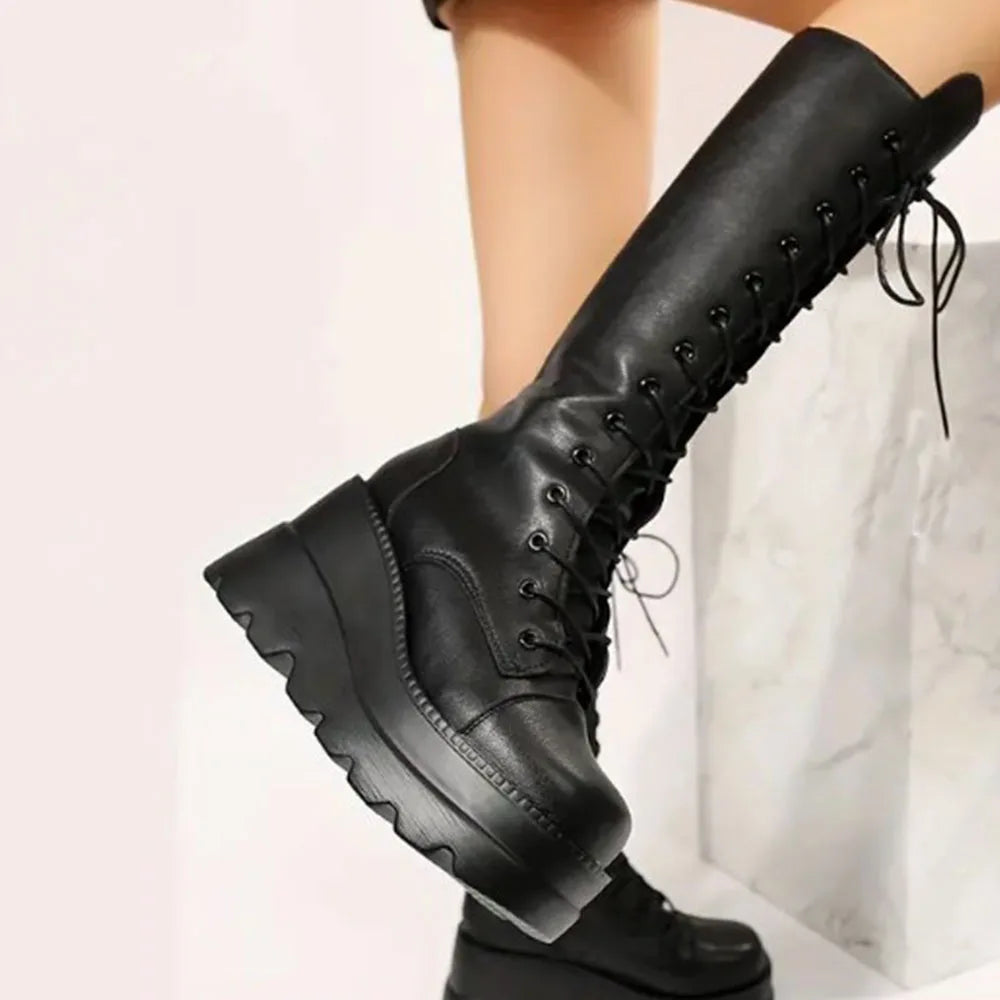 Black Gothic 
 Toe Side Zipper Lace Up Women's Mid-Calf Boots


 Woman