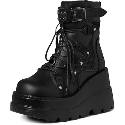 Women's Goth Wedge Combat Boots Lace Up Zipper