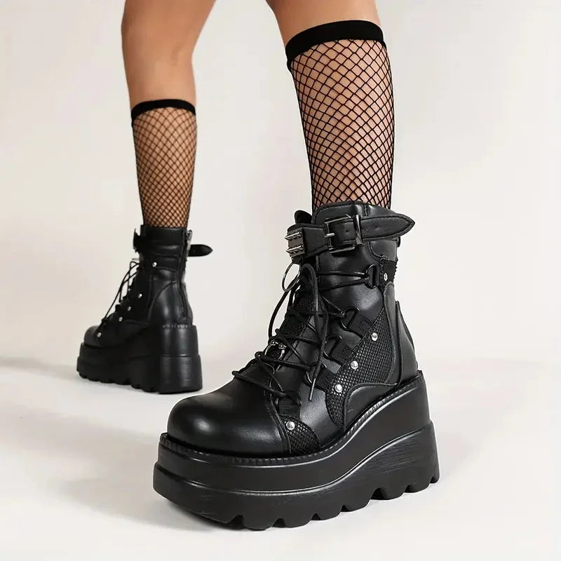 Women's Goth Wedge Combat Boots Lace Up Zipper