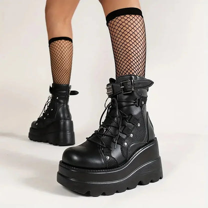 Women's Goth Wedge Combat Boots Lace Up Zipper