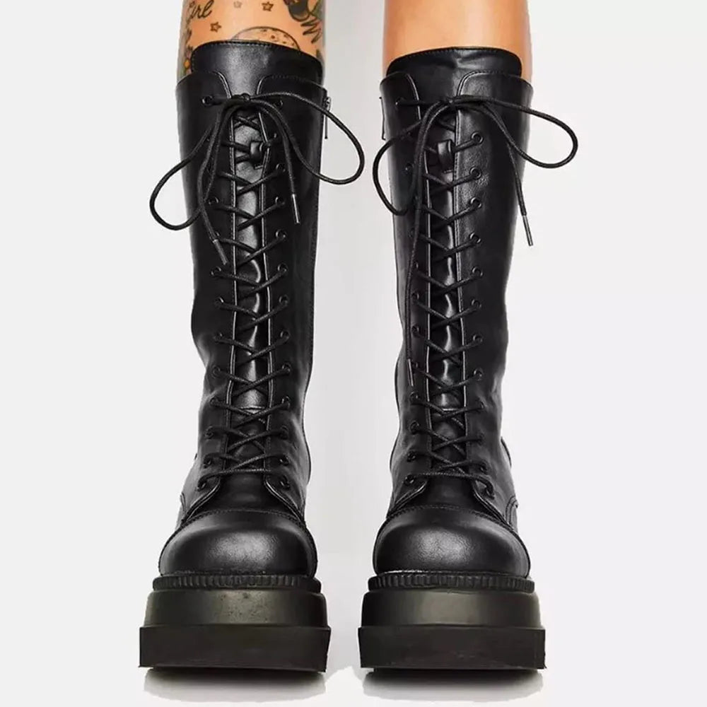 Black Gothic 
 Toe Side Zipper Lace Up Women's Mid-Calf Boots


 Woman