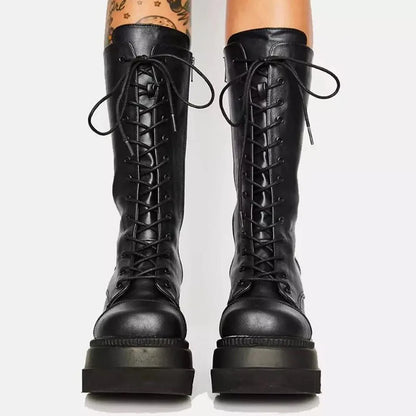 Black Gothic 
 Toe Side Zipper Lace Up Women's Mid-Calf Boots


 Woman