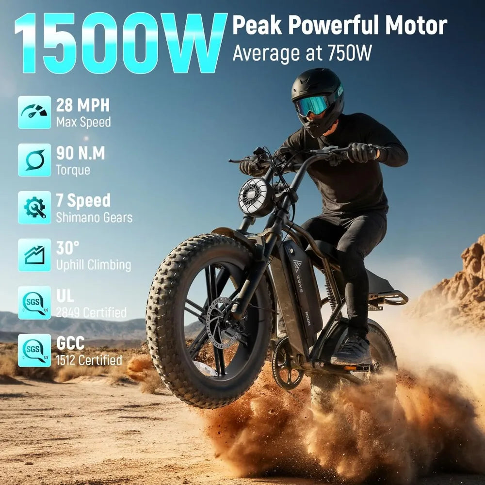 Electric Bike, 1500W Peak Motor, 28 MPH, 48V