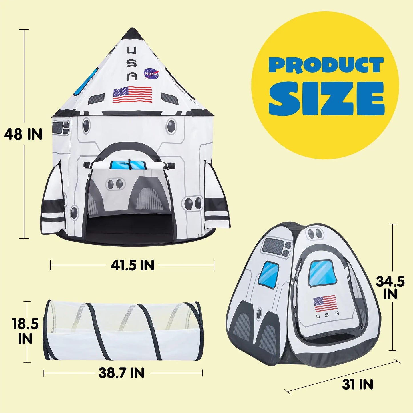 Rocket Ship Play Tents Pop up Tunnel 3-Piece for Kids
