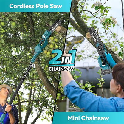 2 in 1 Cordless 8'' Pole Saw Mini Chainsaw W Extension Pole