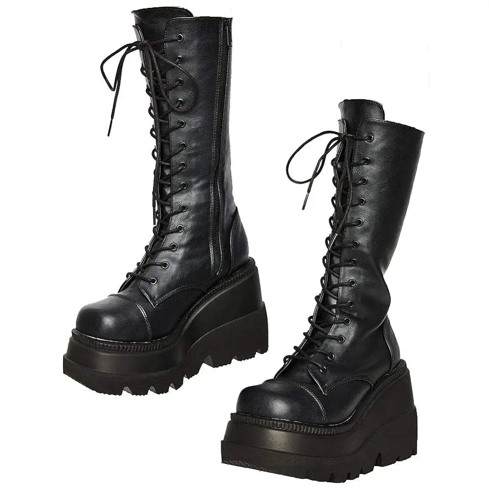 Black Gothic 
 Toe Side Zipper Lace Up Women's Mid-Calf Boots


 Woman