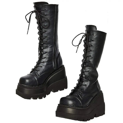 Black Gothic 
 Toe Side Zipper Lace Up Women's Mid-Calf Boots


 Woman