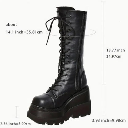 Black Gothic 
 Toe Side Zipper Lace Up Women's Mid-Calf Boots


 Woman
