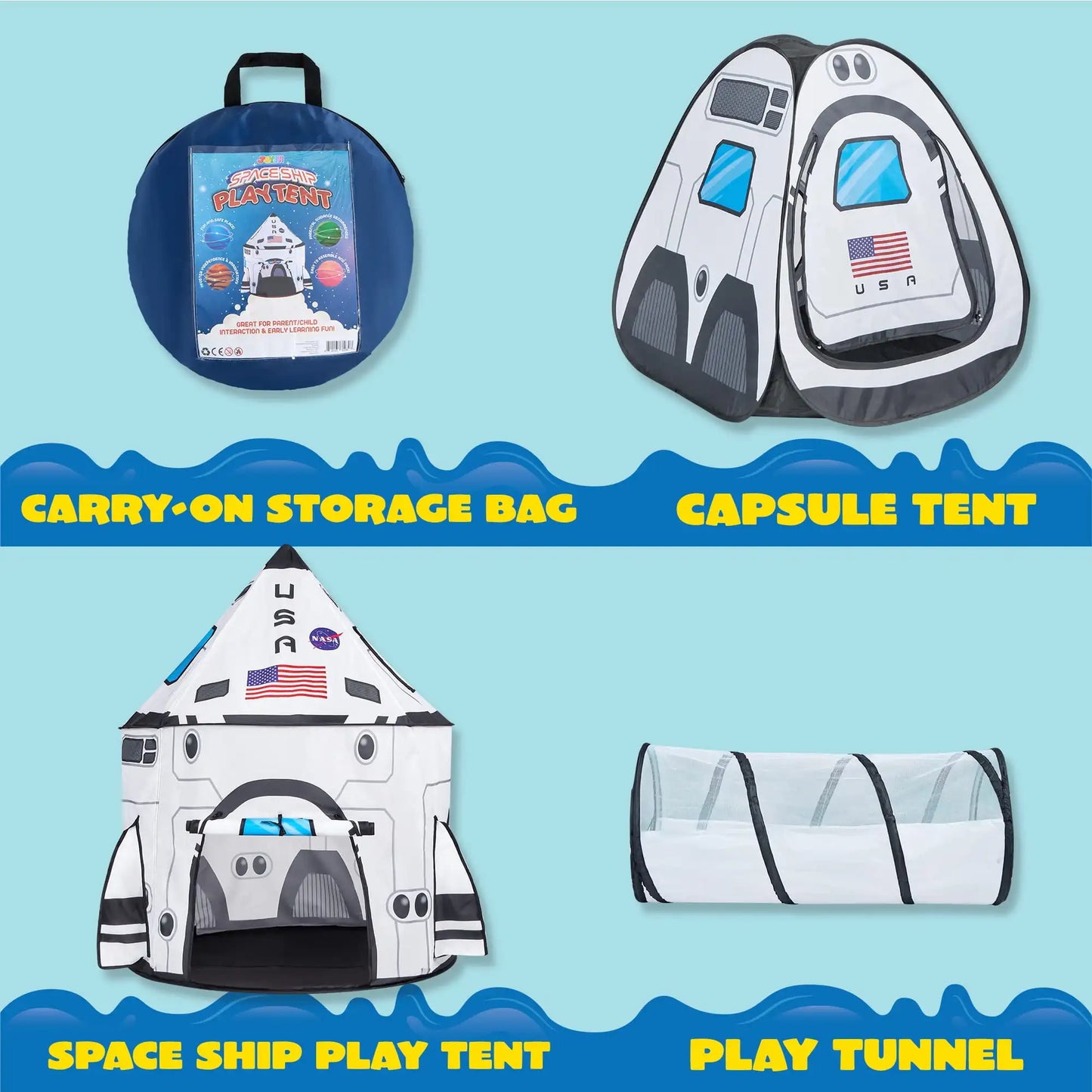 Rocket Ship Play Tents Pop up Tunnel 3-Piece for Kids