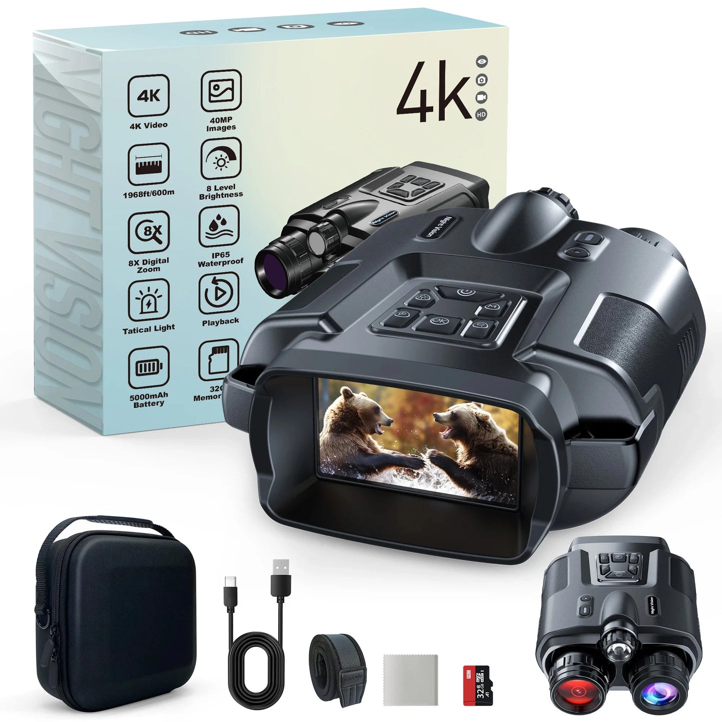 4k night vision binoculars 3in screen w/tact light