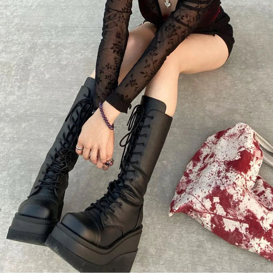 Black Gothic 
 Toe Side Zipper Lace Up Women's Mid-Calf Boots


 Woman